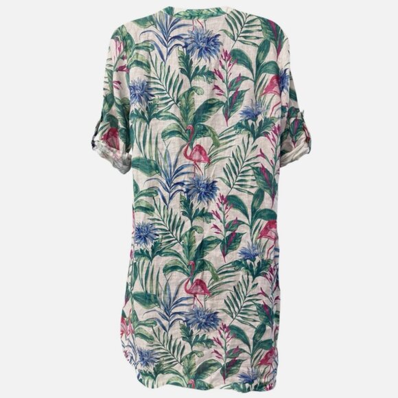 J McLaughlin 100% Linen Tropical Flamingo Print Tunic Swim Cover Dress Women's S - Picture 6 of 8